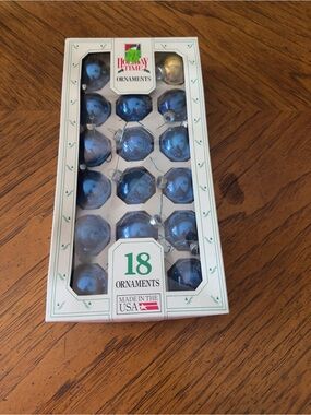 Vintage Set of 18 Blue Glass Christmas Ornaments – Made in USA Holiday Time Shin